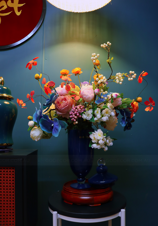 71CM Tall Arrangement Boutique Of Artificial Flowers In Navy Glass Jar (ARCR1)