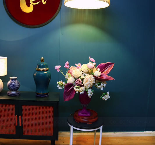 63CM Tall Arrangement Boutique Of Artificial Flower In Magenta Glass Vase (ARBS3)