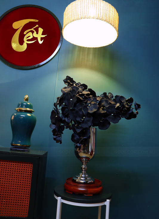 80CM Tall Artificial Flower Arrangement Black Orchids In Vase (ARBR2)