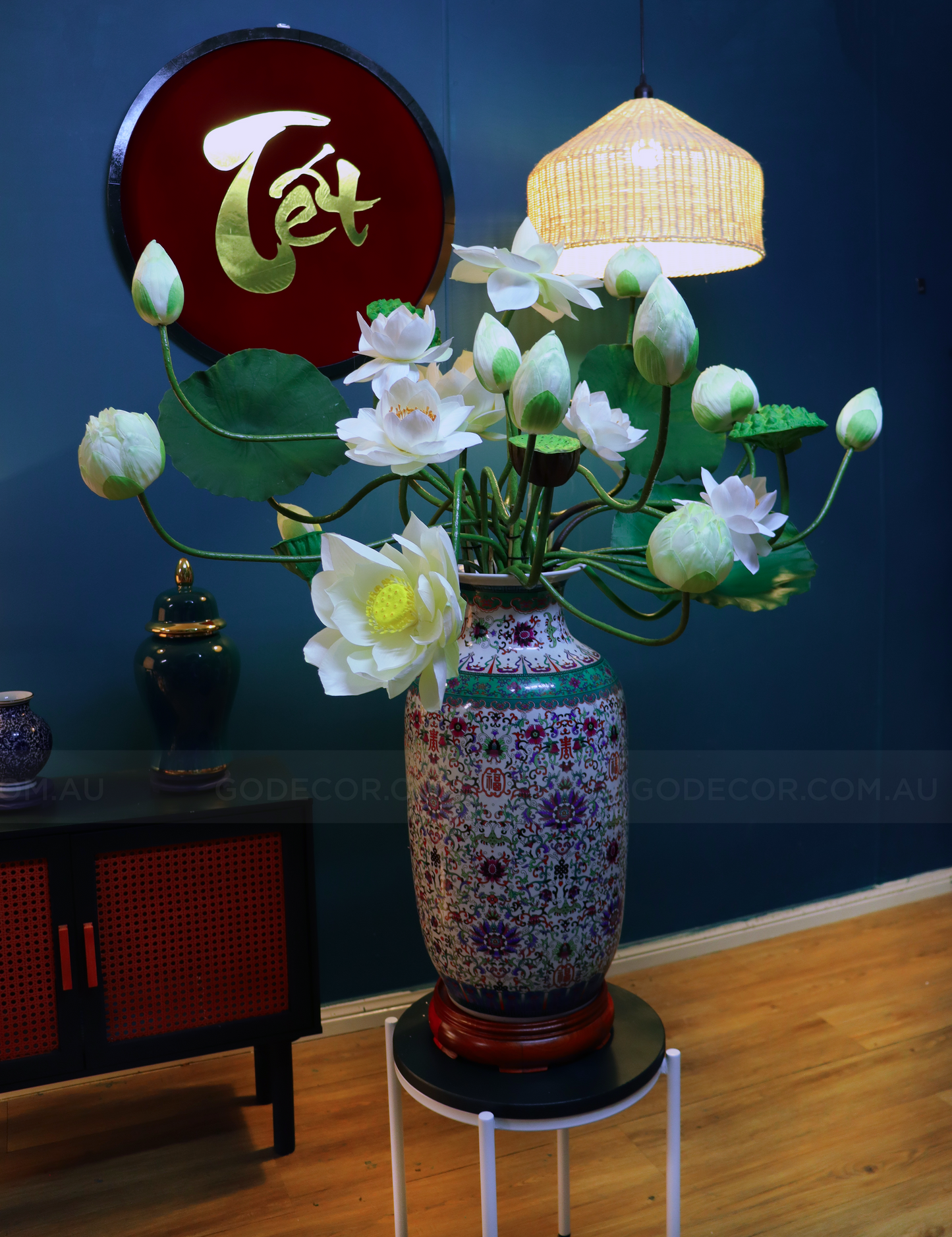 1.1M Tall Artificial Flowers Arrangements Lotus in Chinese Pattern Vase (ARBH1)