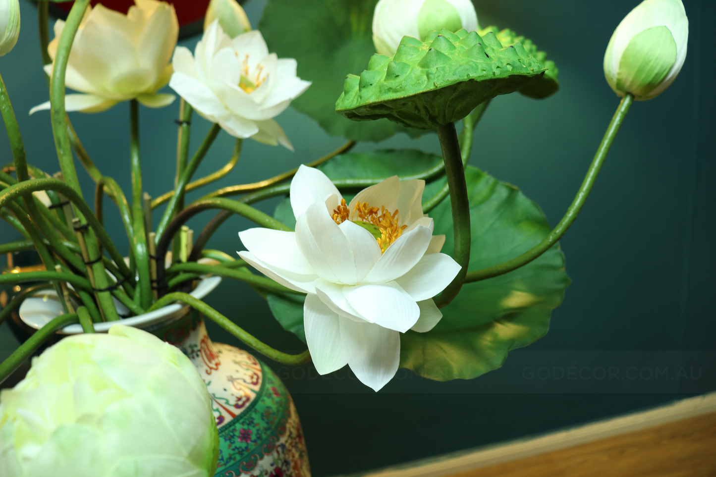 1.1M Tall Artificial Flowers Arrangements Lotus in Chinese Pattern Vase (ARBH1)