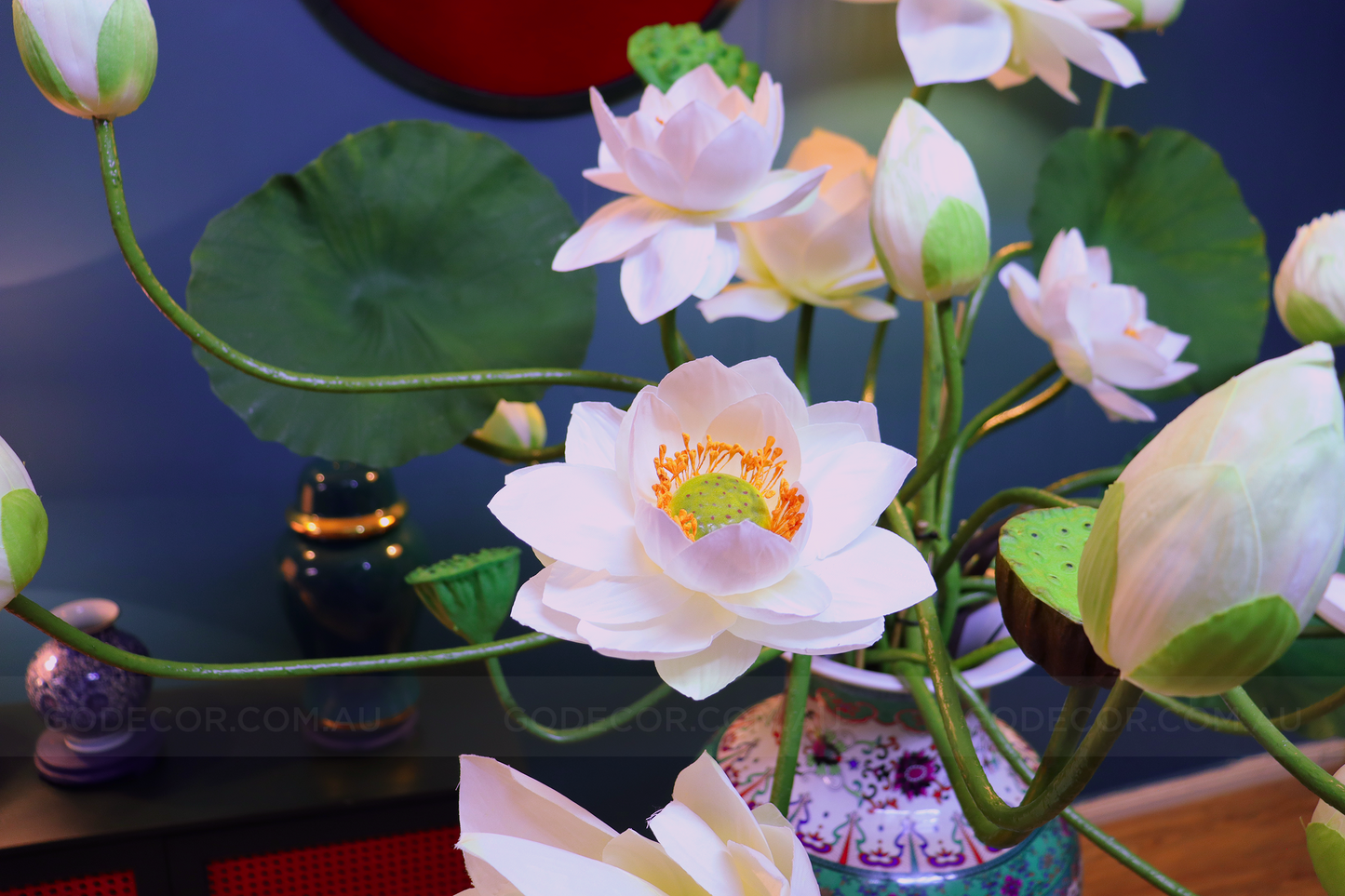 1.1M Tall Artificial Flowers Arrangements Lotus in Chinese Pattern Vase (ARBH1)