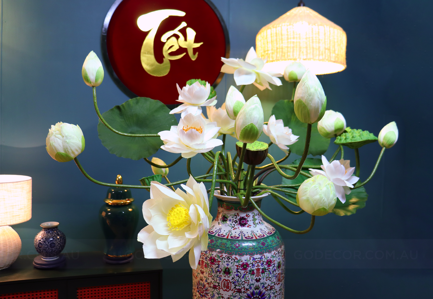 1.1M Tall Artificial Flowers Arrangements Lotus in Chinese Pattern Vase (ARBH1)