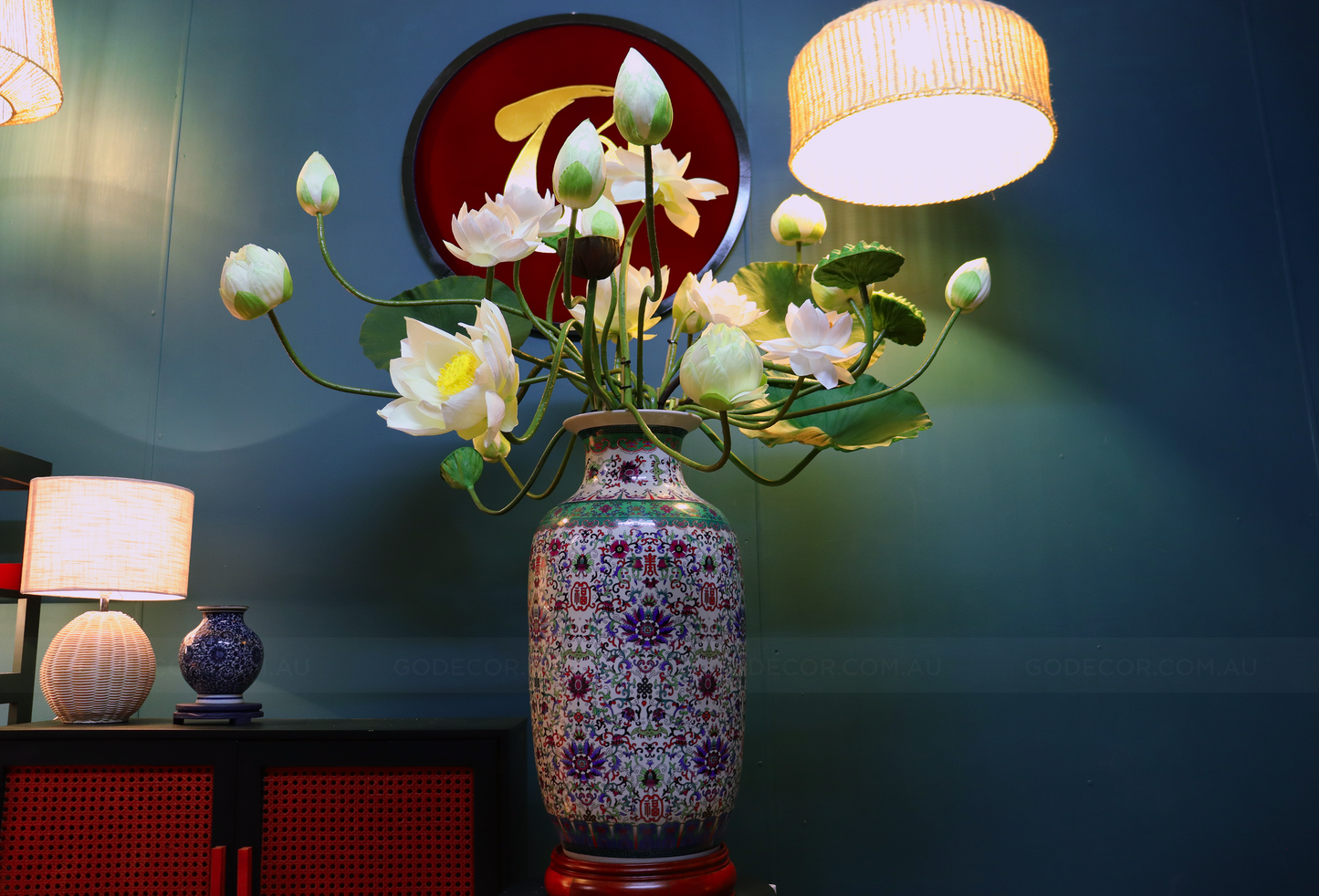 1.1M Tall Artificial Flowers Arrangements Lotus in Chinese Pattern Vase (ARBH1)
