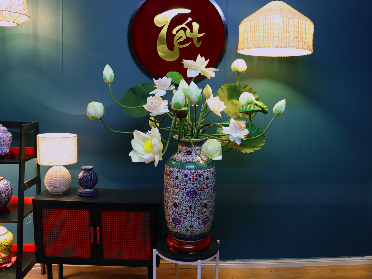 1.1M Tall Artificial Flowers Arrangements Lotus in Chinese Pattern Vase (ARBH1)
