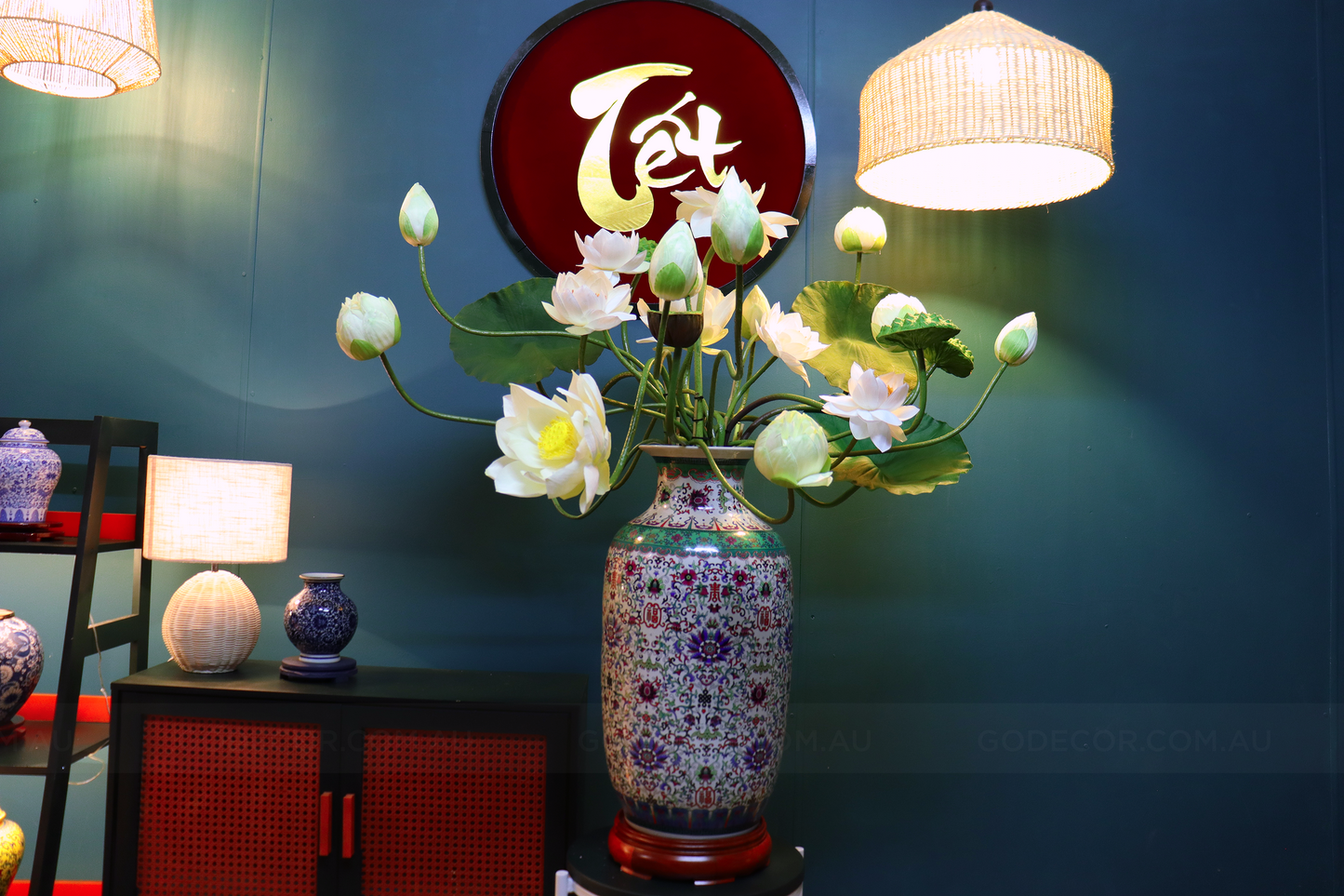 1.1M Tall Artificial Flowers Arrangements Lotus in Chinese Pattern Vase (ARBH1)