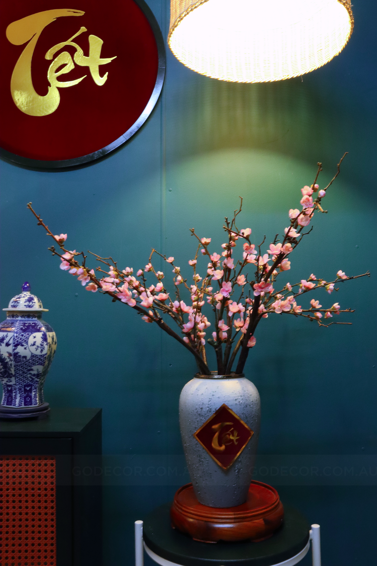 75CM Tall Artificial Flowers Arrangement Peach Blossom In Grey Ombre Vase (ARBE1)