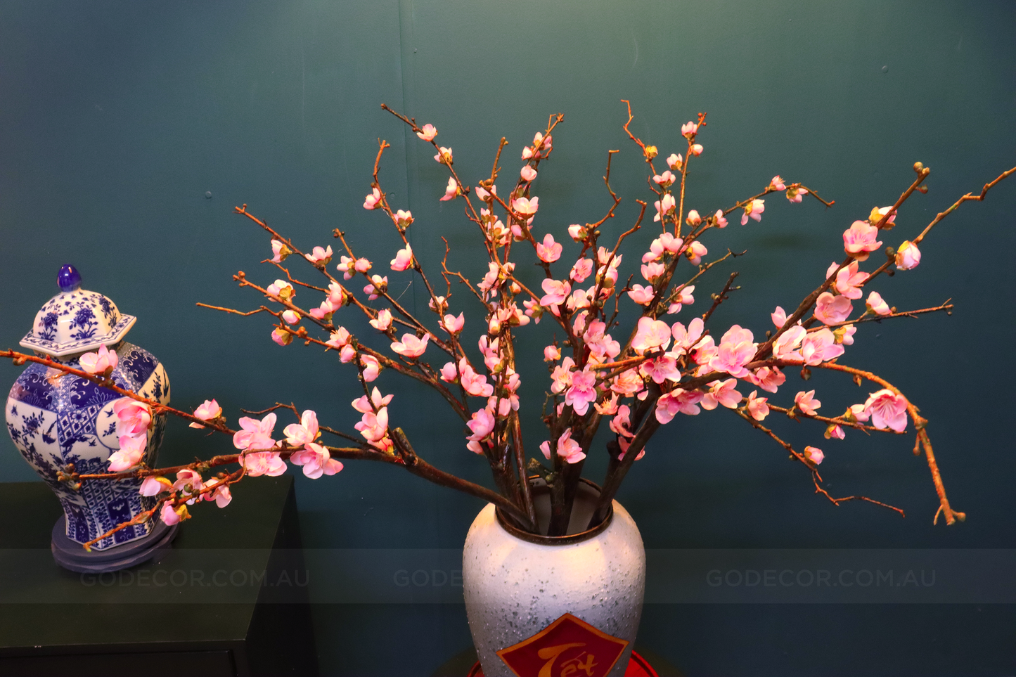75CM Tall Artificial Flowers Arrangement Peach Blossom In Grey Ombre Vase (ARBE1)