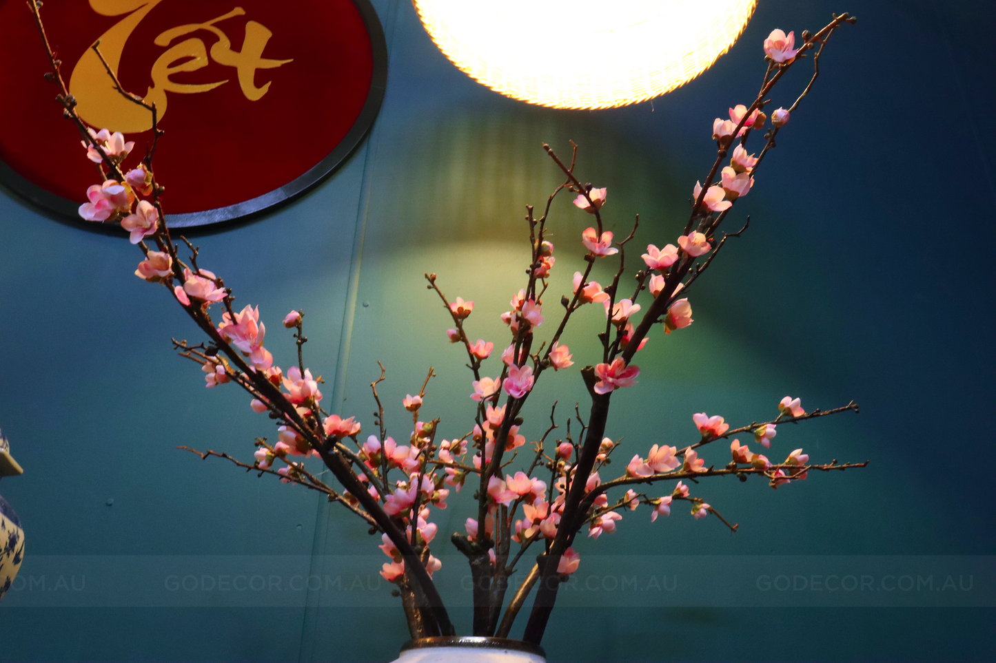 75CM Tall Artificial Flowers Arrangement Peach Blossom In Grey Ombre Vase (ARBE1)