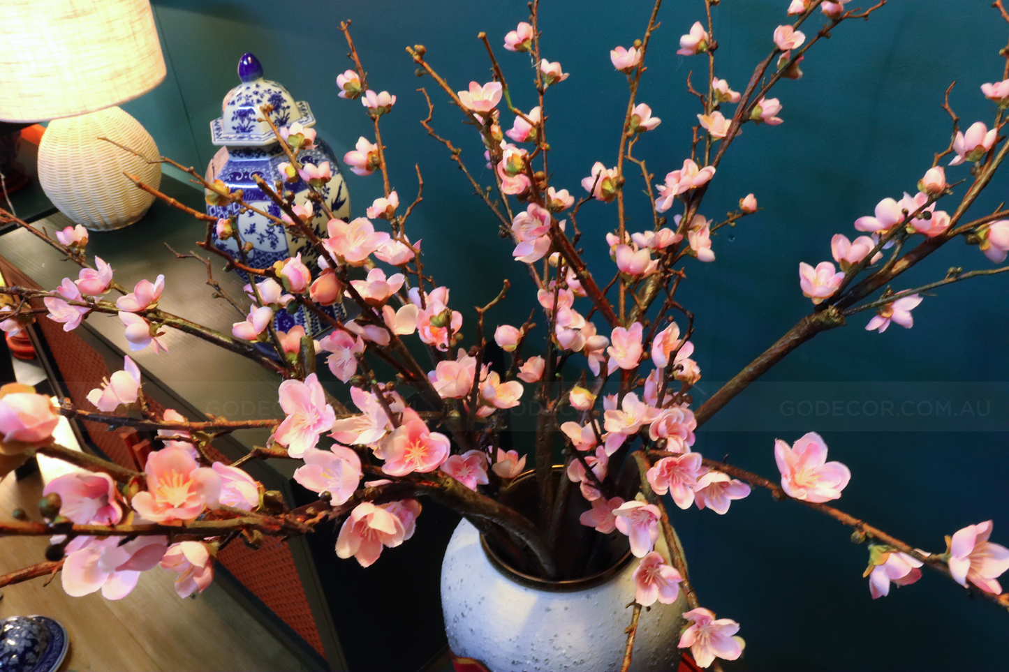 75CM Tall Artificial Flowers Arrangement Peach Blossom In Grey Ombre Vase (ARBE1)