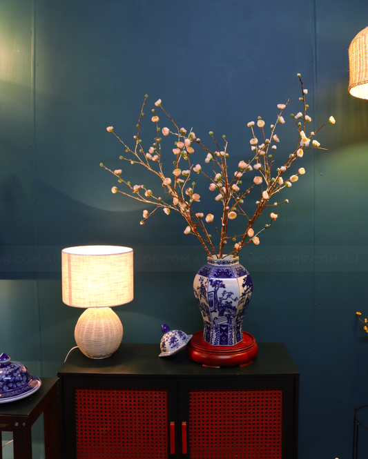 86CM Tall Artificial Flower Arrangement Gold Plum Blossom In Blue & White Pattern Jar(ARBU2)