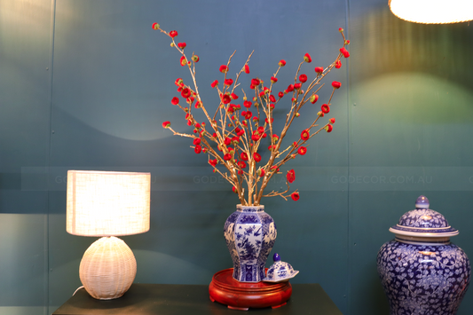 80CM Tall Artificial Flower Arrangement Red Plum Blossom In Blue & White Pattern Jar (ARBV1)