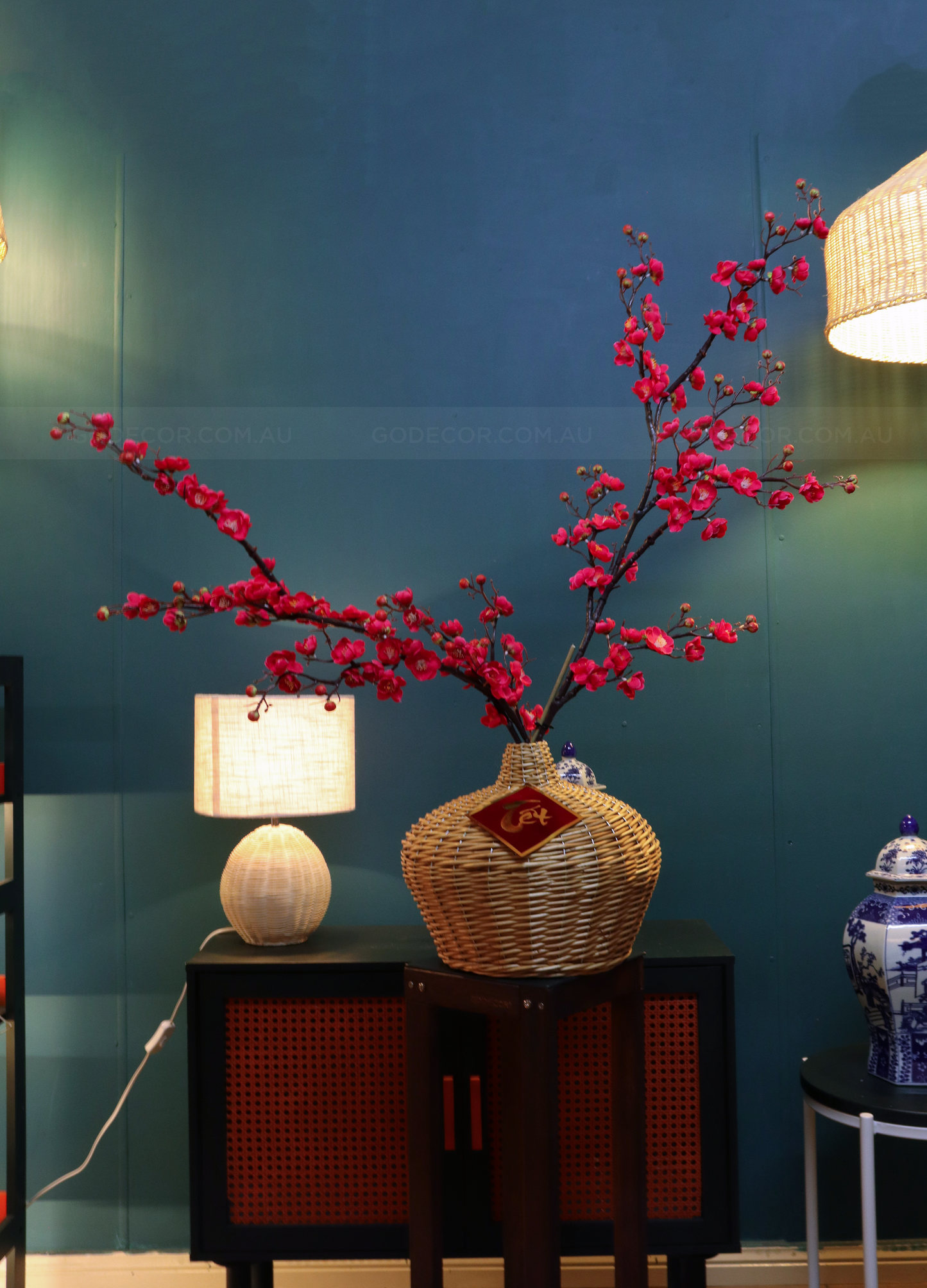 1M Tall Artificial Flowers Arrangement Plum Blossom In Rattan Vase (ARCB1)