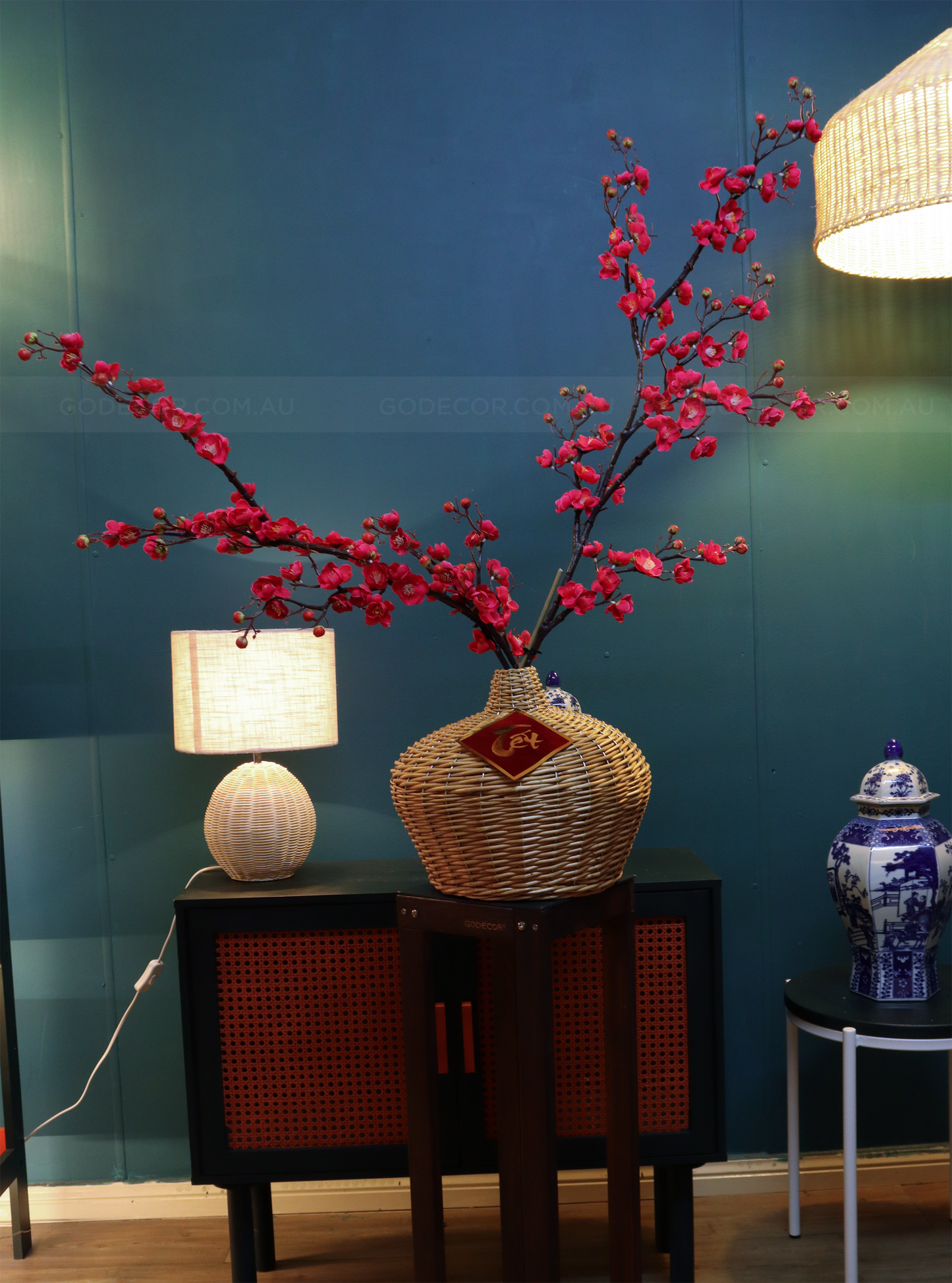 1M Tall Artificial Flowers Arrangement Plum Blossom In Rattan Vase (ARCB1)