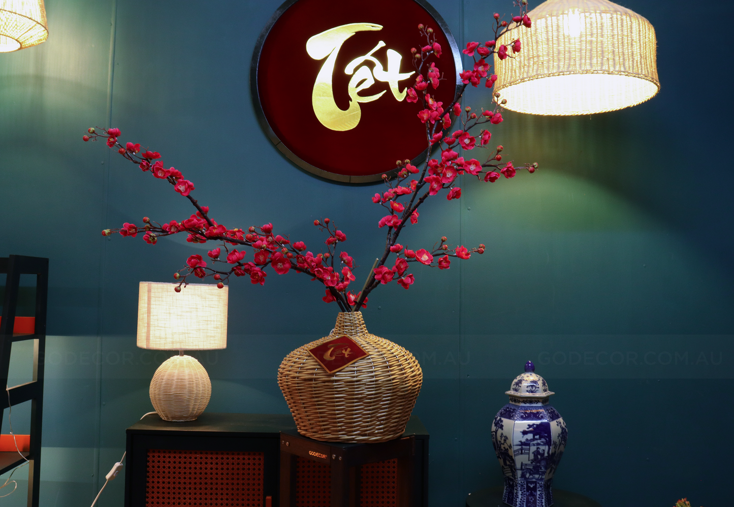 1M Tall Artificial Flowers Arrangement Plum Blossom In Rattan Vase (ARCB1)