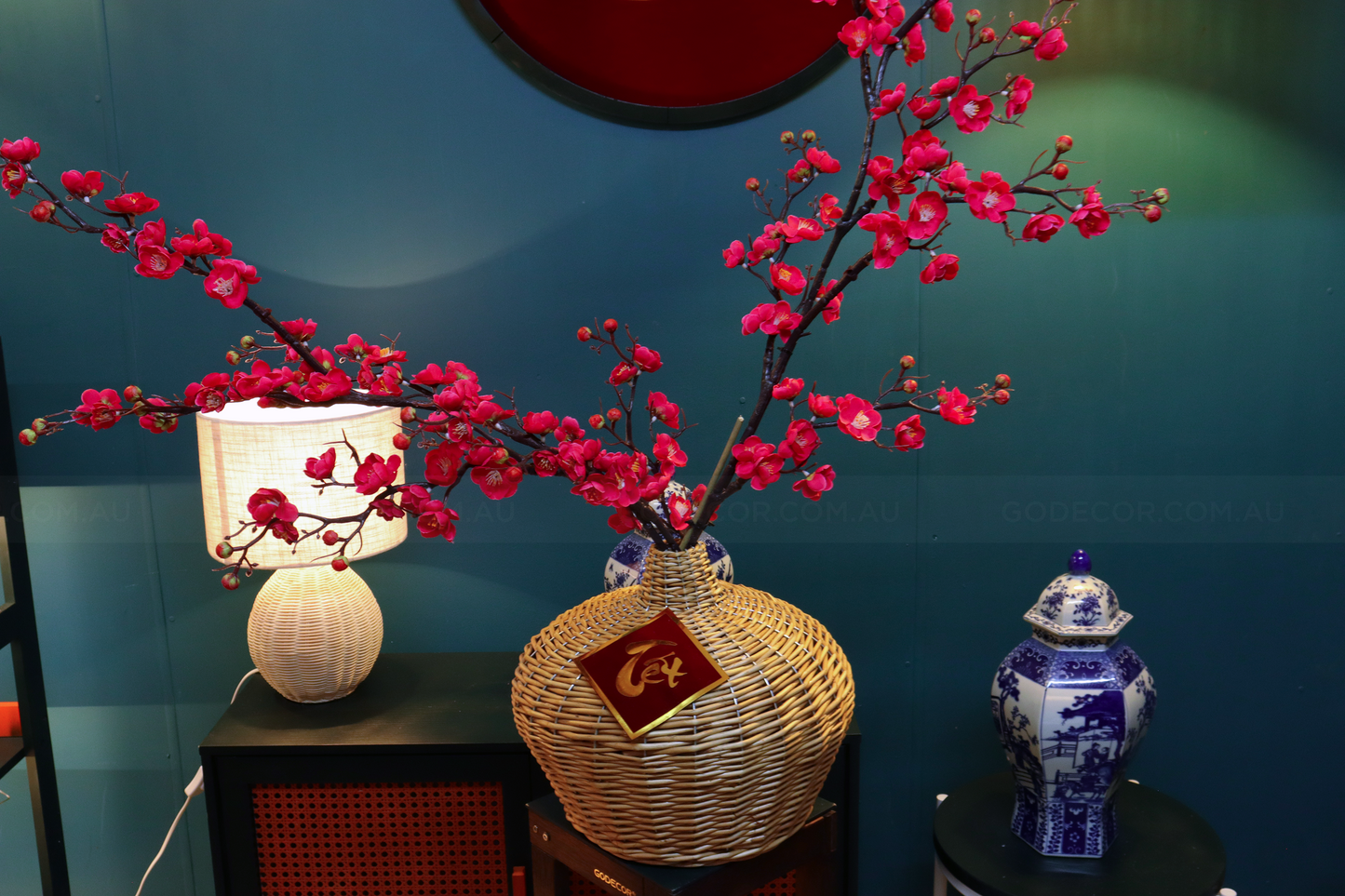 1M Tall Artificial Flowers Arrangement Plum Blossom In Rattan Vase (ARCB1)