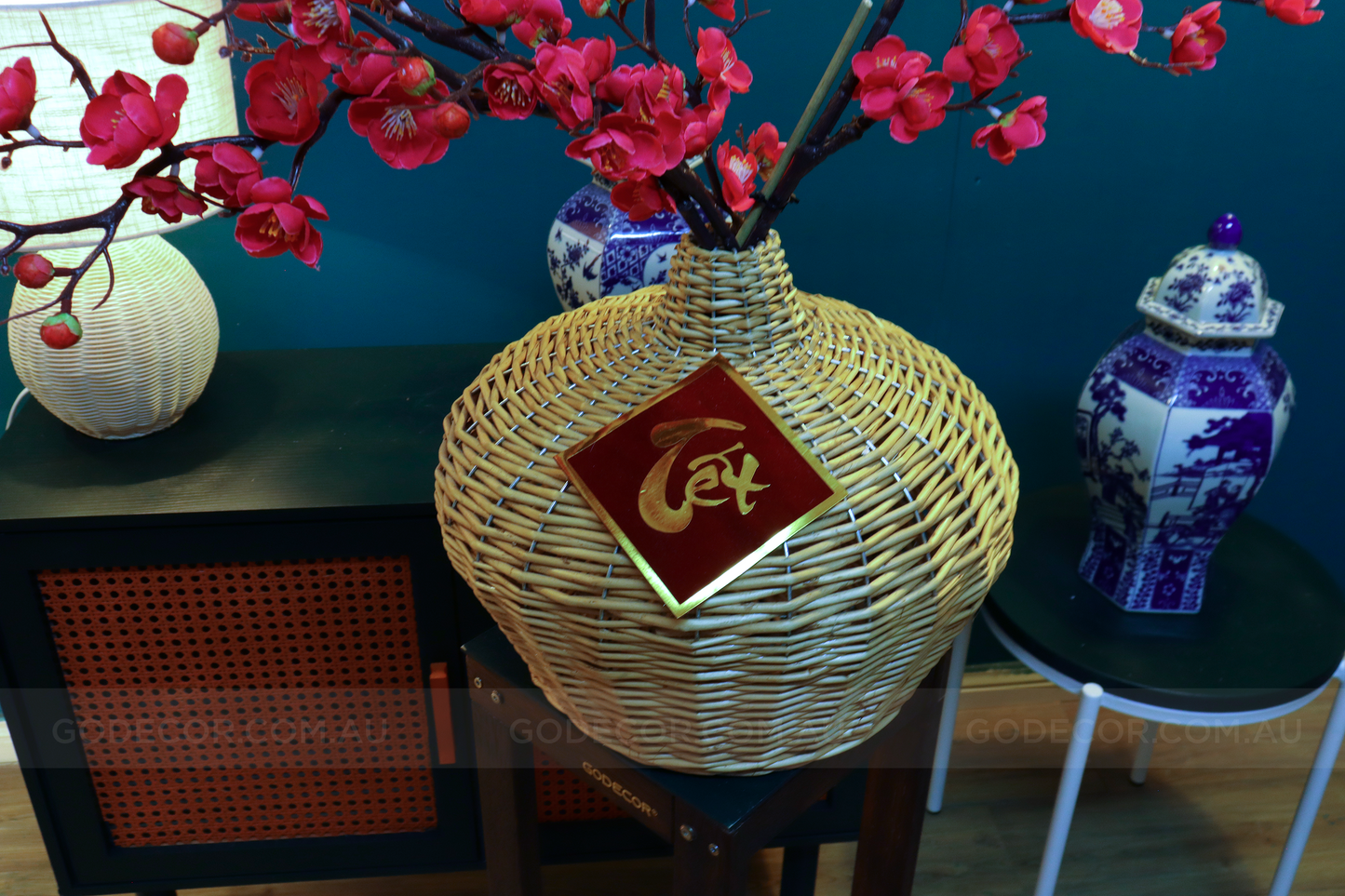 1M Tall Artificial Flowers Arrangement Plum Blossom In Rattan Vase (ARCB1)