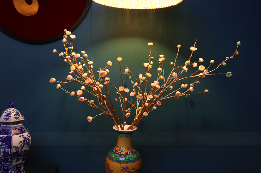 1M TALL Artificial Flowers Arrangement Plum Blossom Gold Branches in yellow Chinese Pattern Vase (ARCC1)