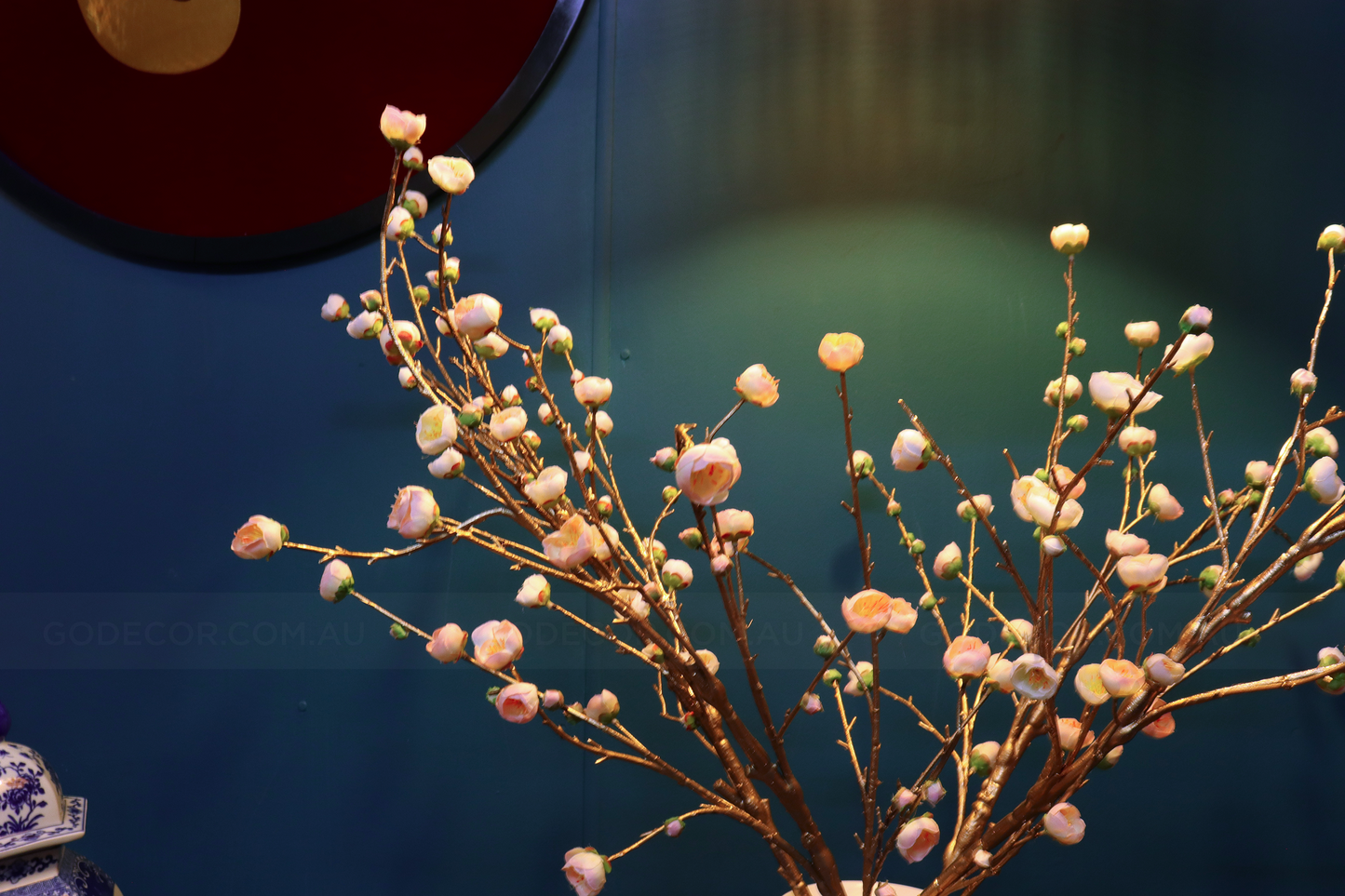 1M TALL Artificial Flowers Arrangement Plum Blossom Gold Branches in yellow Chinese Pattern Vase (ARCC1)