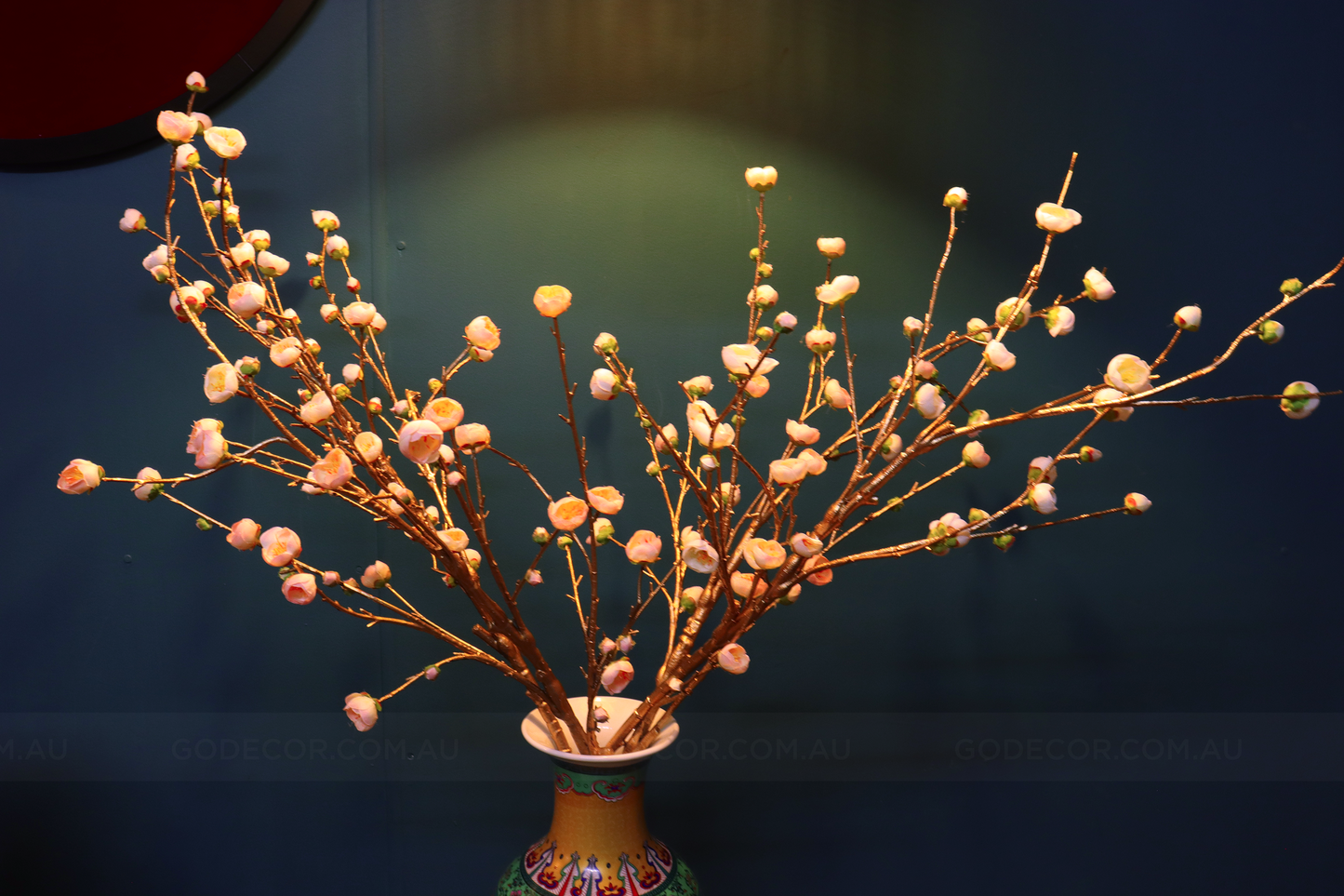1M TALL Artificial Flowers Arrangement Plum Blossom Gold Branches in yellow Chinese Pattern Vase (ARCC1)