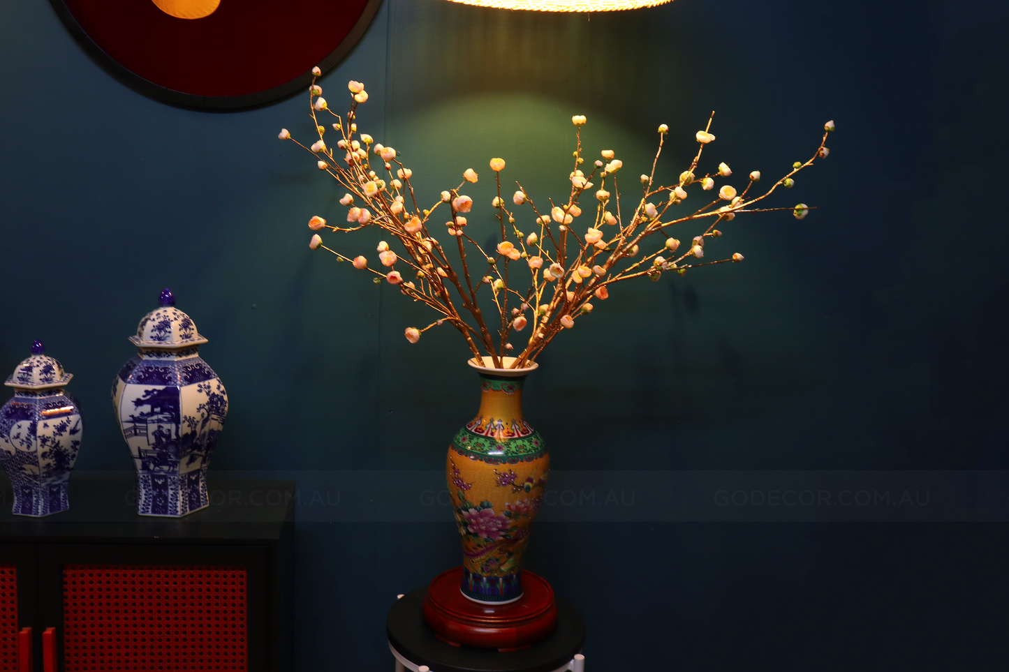 1M TALL Artificial Flowers Arrangement Plum Blossom Gold Branches in yellow Chinese Pattern Vase (ARCC1)