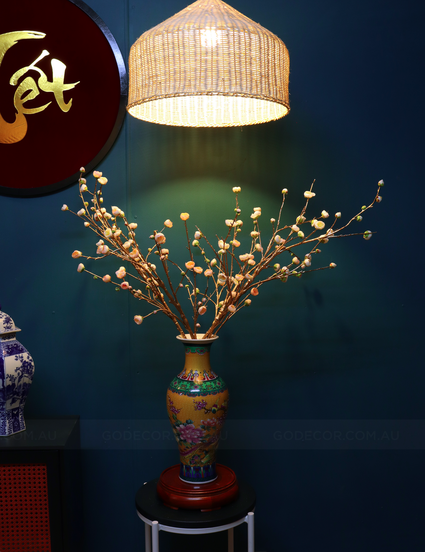 1M TALL Artificial Flowers Arrangement Plum Blossom Gold Branches in yellow Chinese Pattern Vase (ARCC1)