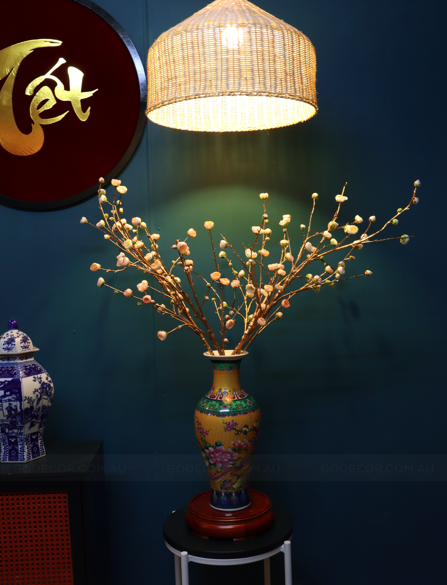 1M TALL Artificial Flowers Arrangement Plum Blossom Gold Branches in yellow Chinese Pattern Vase (ARCC1)