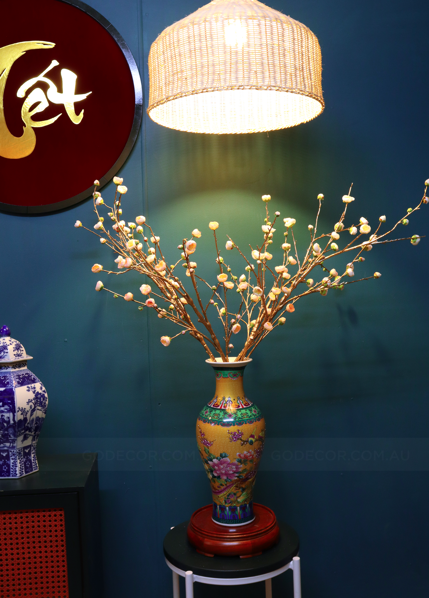 1M TALL Artificial Flowers Arrangement Plum Blossom Gold Branches in yellow Chinese Pattern Vase (ARCC1)