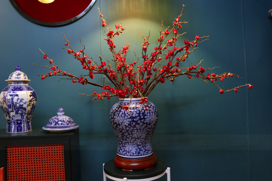 1M Tall Artificial Flowers Arrangement Red Plum Blossom In Blue and White Chinese Jar (ARCN1)