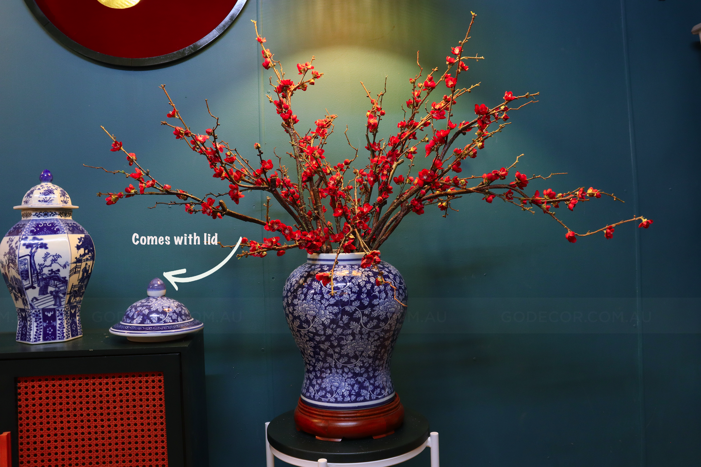 1M Tall Artificial Flowers Arrangement Red Plum Blossom In Blue and White Chinese Jar (ARCN1)