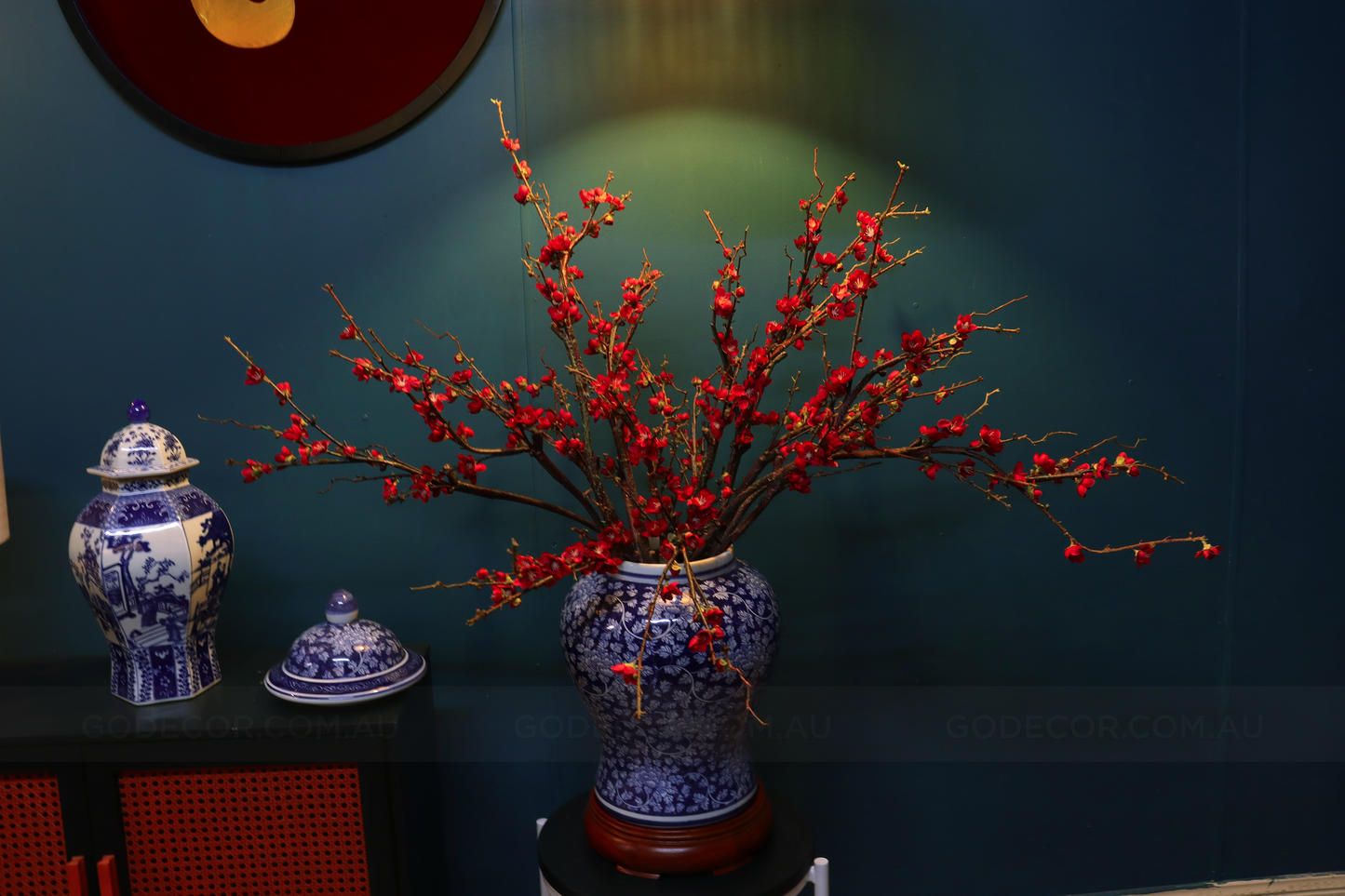 1M Tall Artificial Flowers Arrangement Red Plum Blossom In Blue and White Chinese Jar (ARCN1)