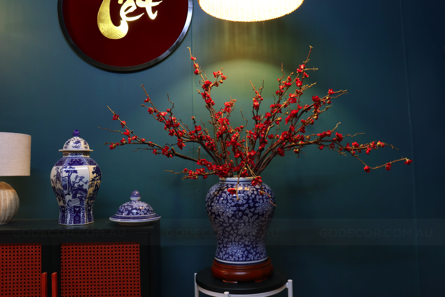 1M Tall Artificial Flowers Arrangement Red Plum Blossom In Blue and White Chinese Jar (ARCN1)