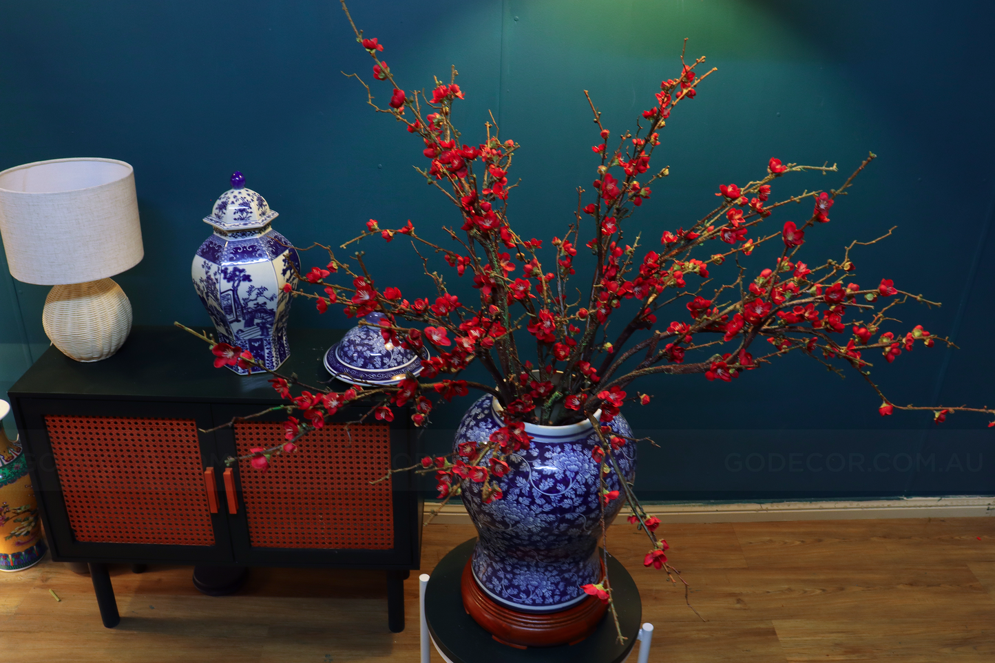 1M Tall Artificial Flowers Arrangement Red Plum Blossom In Blue and White Chinese Jar (ARCN1)