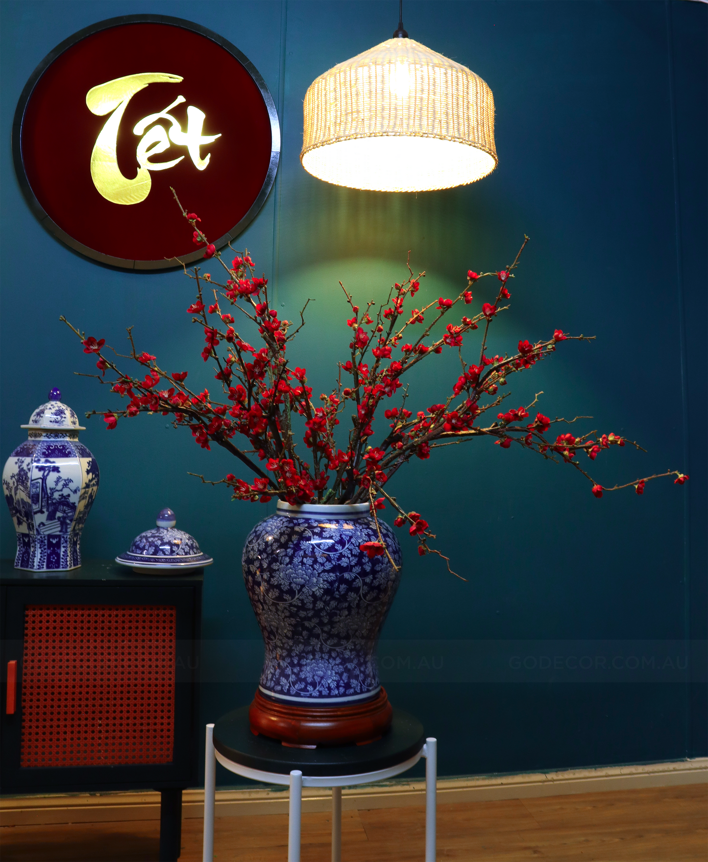 1M Tall Artificial Flowers Arrangement Red Plum Blossom In Blue and White Chinese Jar (ARCN1)