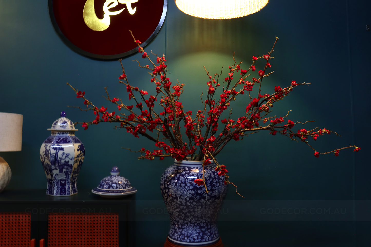 1M Tall Artificial Flowers Arrangement Red Plum Blossom In Blue and White Chinese Jar (ARCN1)