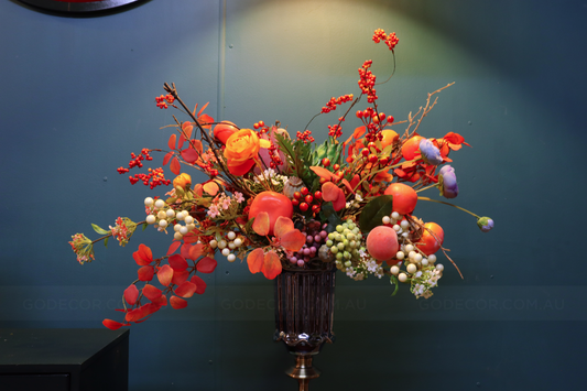 73CM Tall Arrangement Boutique Of Artificial Flowers In Metal w Glass Vase (ARCE1)