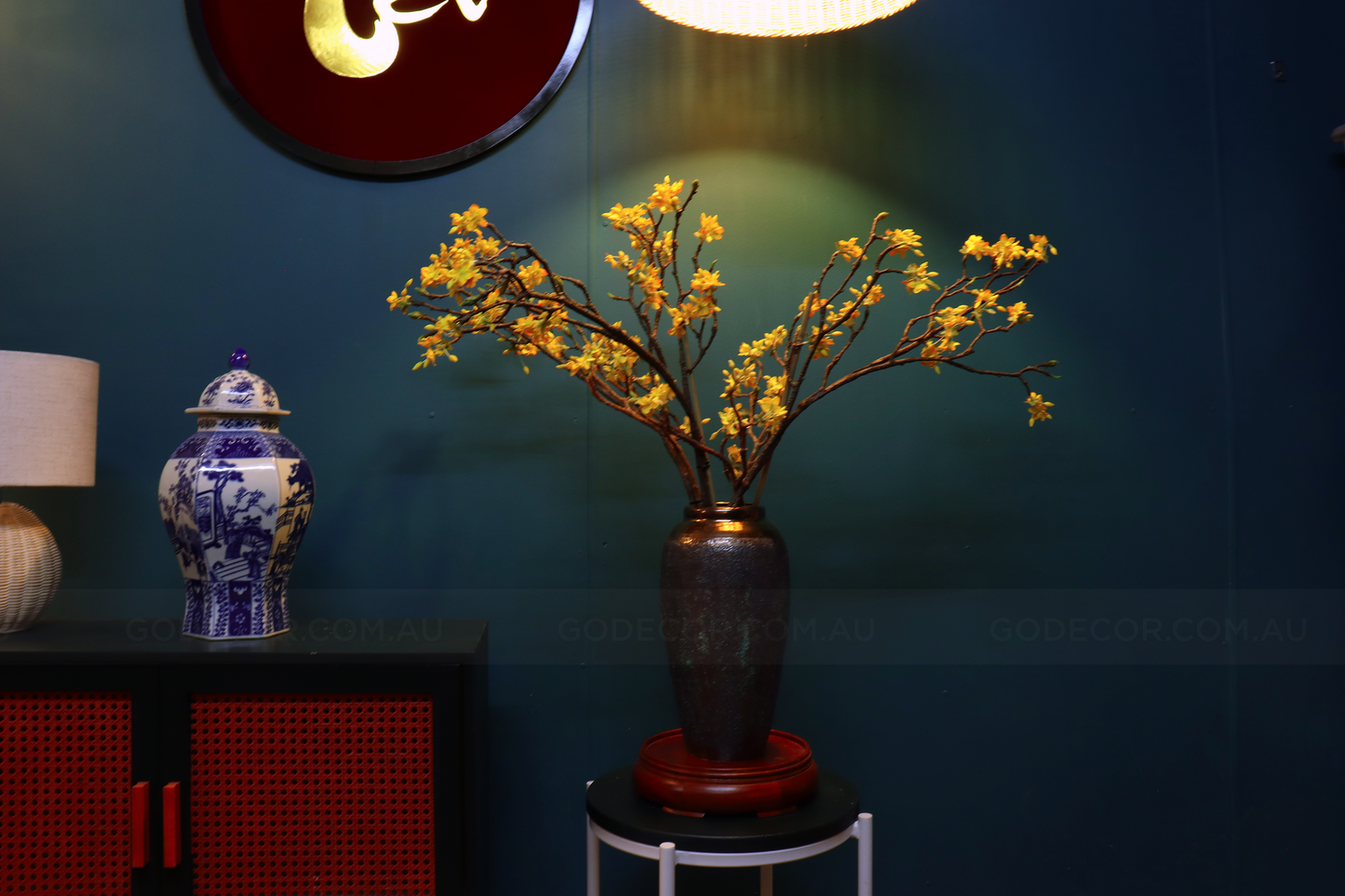 80CM Tall Artificial Flower Arrangement Apricot Blossom In Rustic Vase (ARBG2)