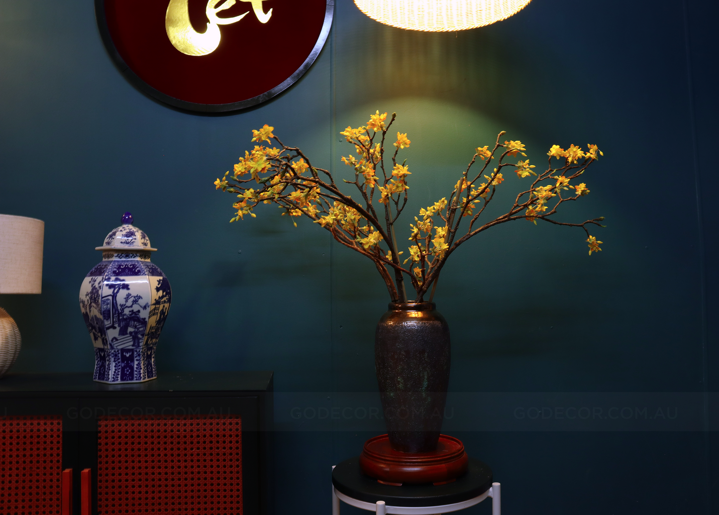 80CM Tall Artificial Flower Arrangement Apricot Blossom In Rustic Vase (ARBG2)