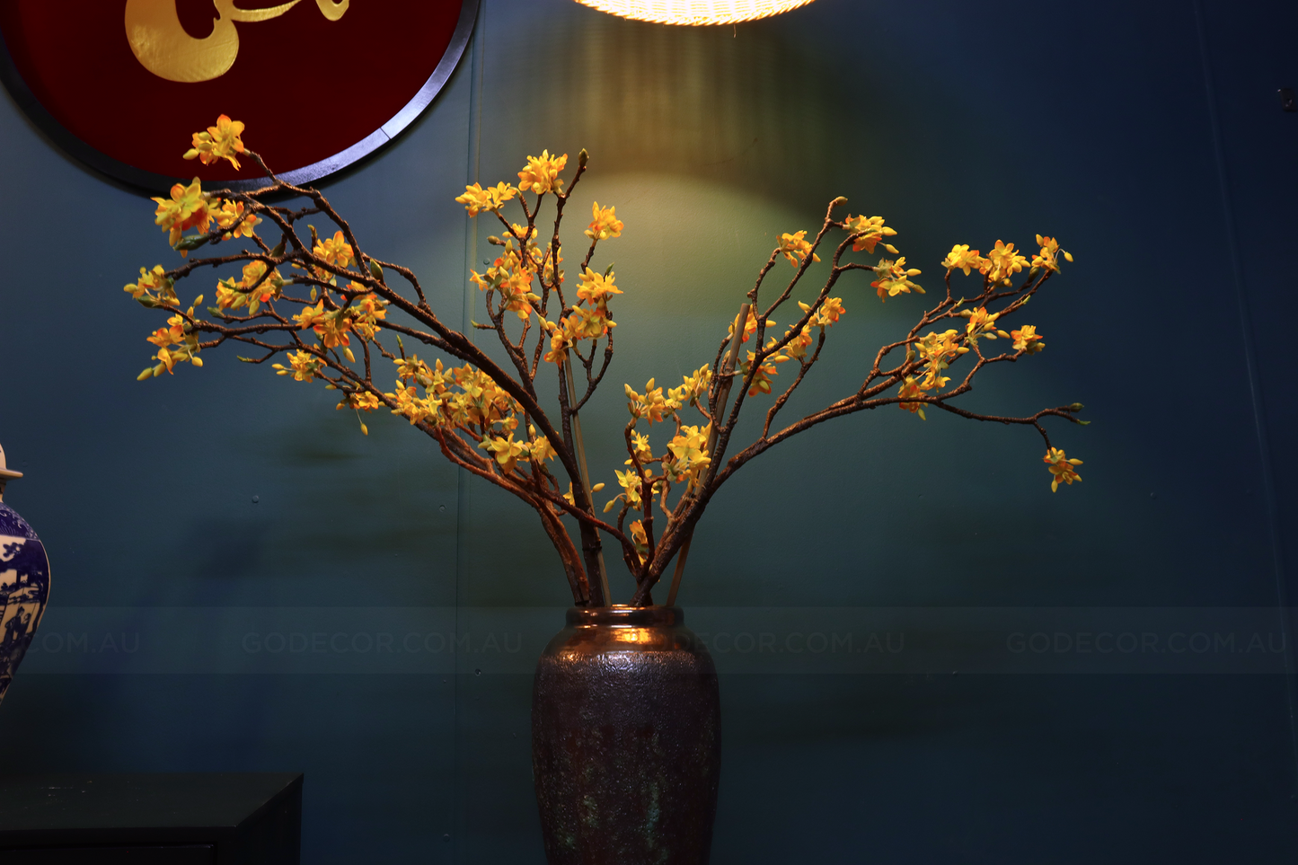 80CM Tall Artificial Flower Arrangement Apricot Blossom In Rustic Vase (ARBG2)