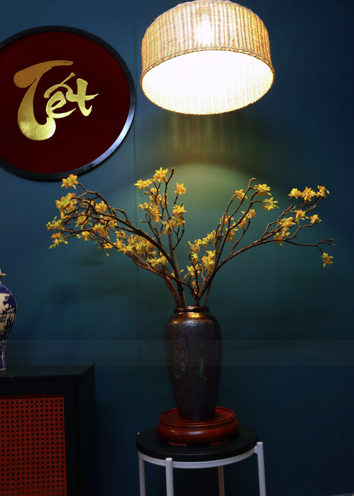 80CM Tall Artificial Flower Arrangement Apricot Blossom In Rustic Vase (ARBG2)