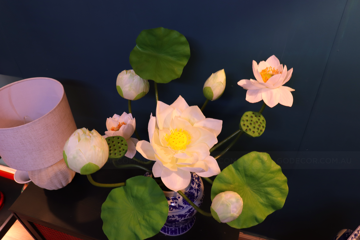 54CM Tall Artificial Flower Arrangement Realistic Lotus In Blue & White Ginger Jar (ARCM1)