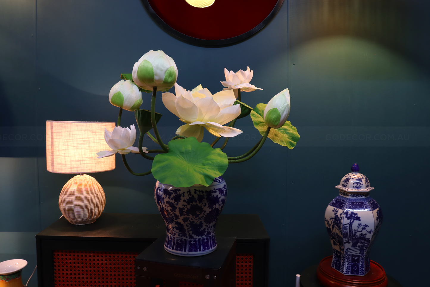 54CM Tall Artificial Flower Arrangement Realistic Lotus In Blue & White Ginger Jar (ARCM1)