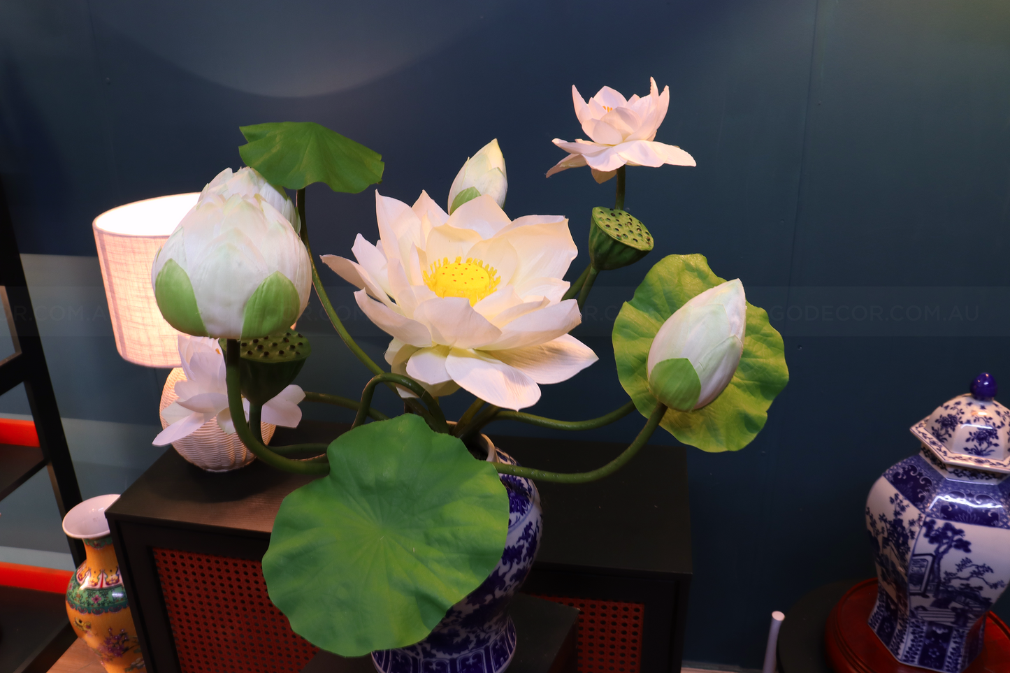 54CM Tall Artificial Flower Arrangement Realistic Lotus In Blue & White Ginger Jar (ARCM1)