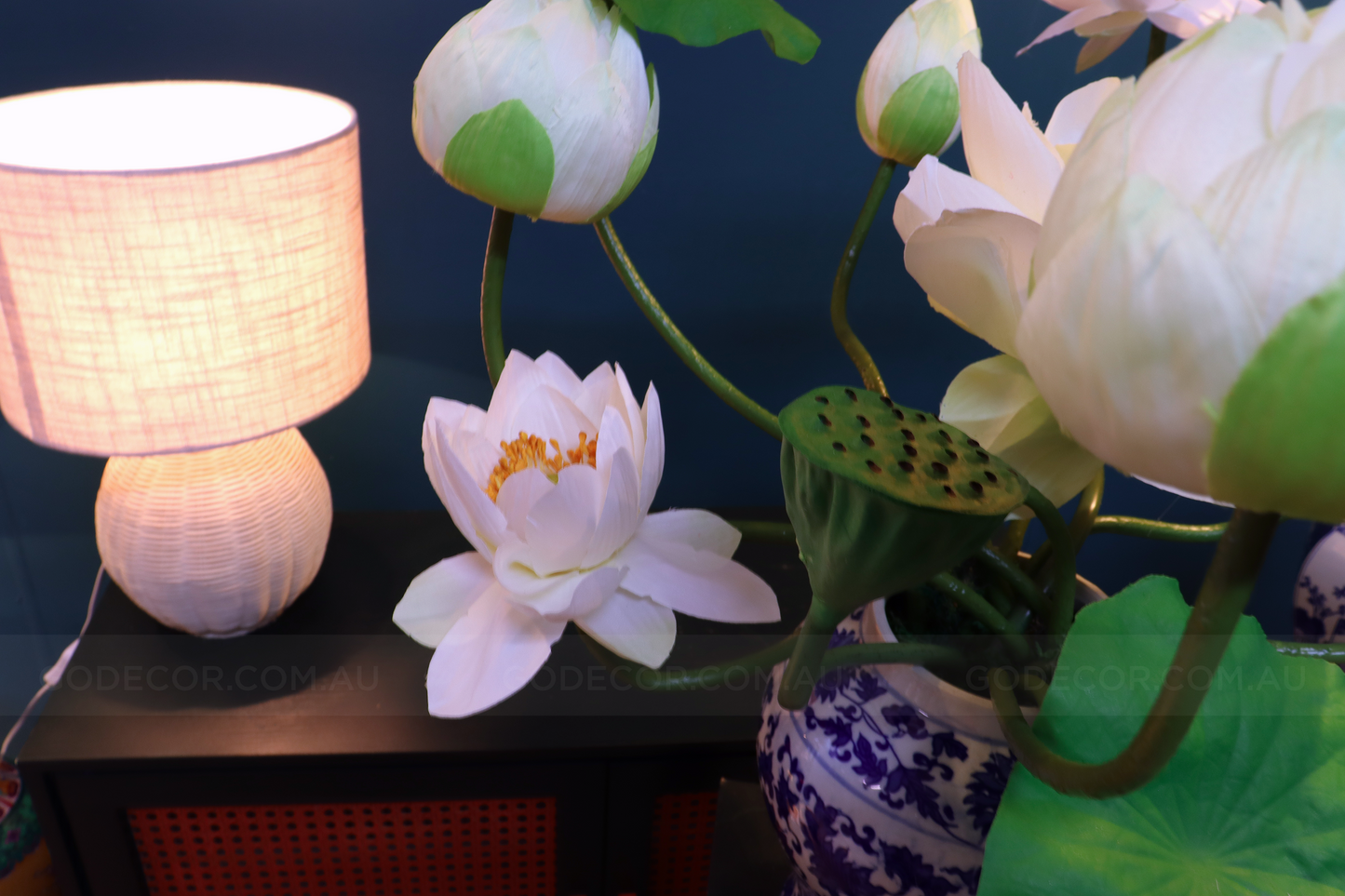 54CM Tall Artificial Flower Arrangement Realistic Lotus In Blue & White Ginger Jar (ARCM1)