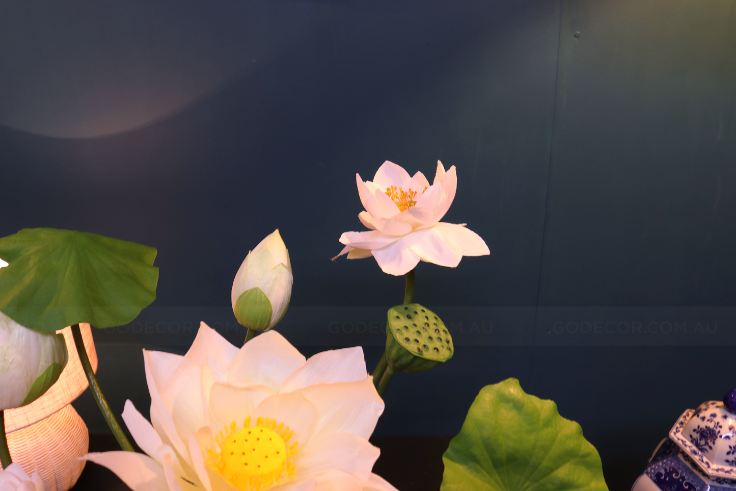 54CM Tall Artificial Flower Arrangement Realistic Lotus In Blue & White Ginger Jar (ARCM1)