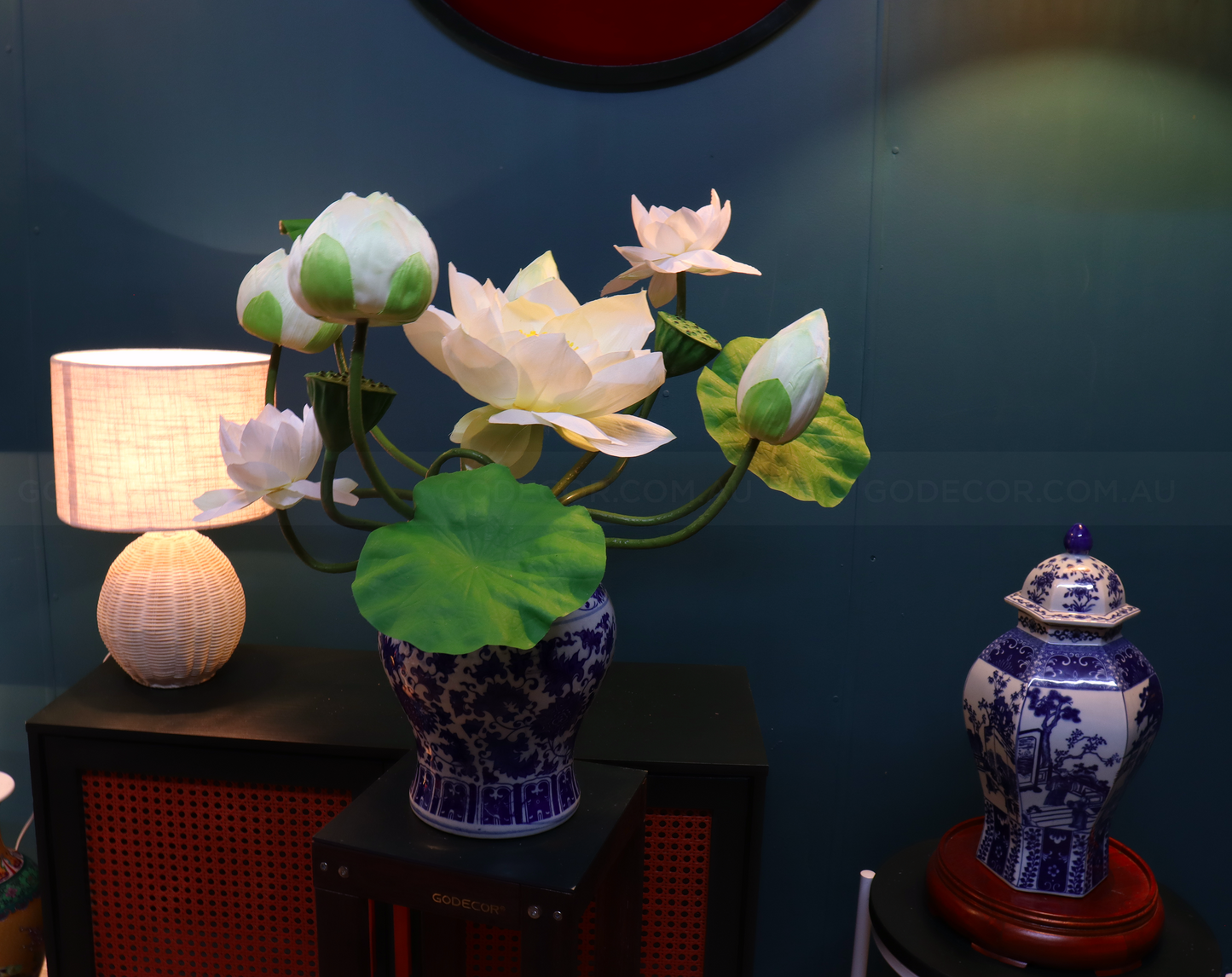 54CM Tall Artificial Flower Arrangement Realistic Lotus In Blue & White Ginger Jar (ARCM1)