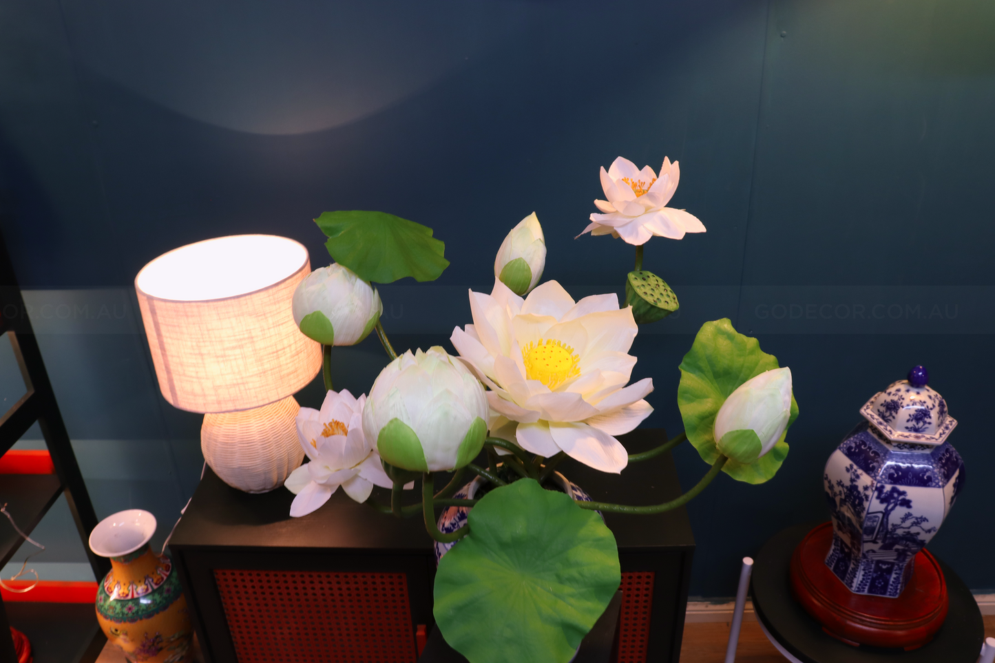54CM Tall Artificial Flower Arrangement Realistic Lotus In Blue & White Ginger Jar (ARCM1)