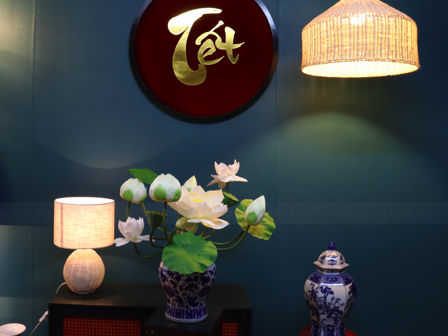 54CM Tall Artificial Flower Arrangement Realistic Lotus In Blue & White Ginger Jar (ARCM1)