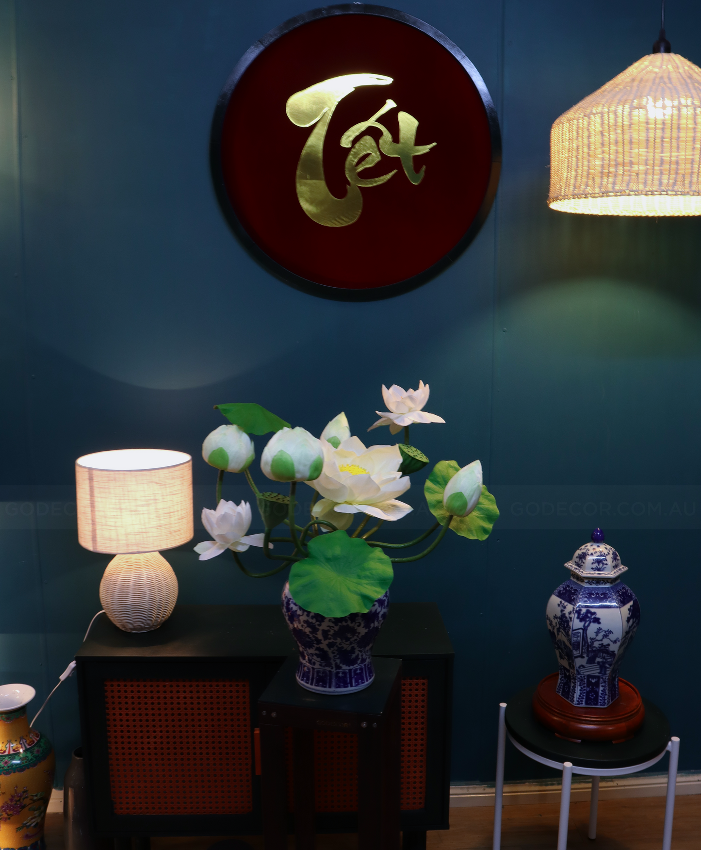 54CM Tall Artificial Flower Arrangement Realistic Lotus In Blue & White Ginger Jar (ARCM1)