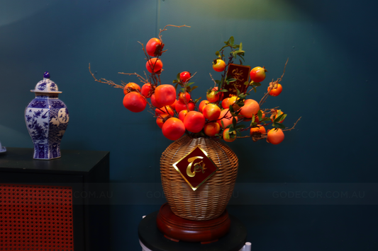 60CM Artificial Flower Realistic Persimmon And Pomegranate Branches In Rattan Vase(ARCF1)